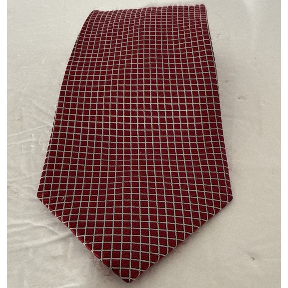 Red Tie With‎ White Check 100% Silk-Geometric Pattern-Handmade-Weatherproof - Picture 5 of 9